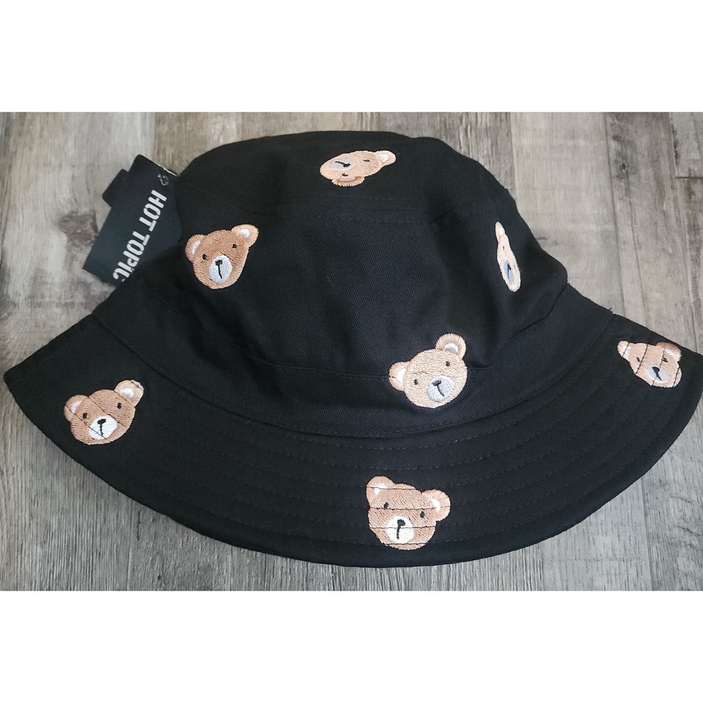 HOT TOPIC Teddy Bear Embroidered Black Sun Bucket Hat Unisex OSFM Cotton NEW